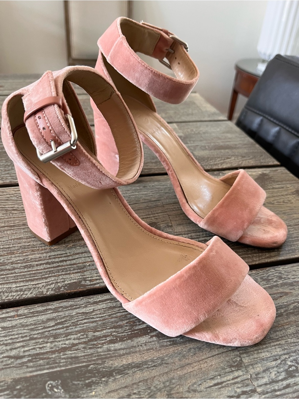 J CREW blush pink velvet heels, size 9.
